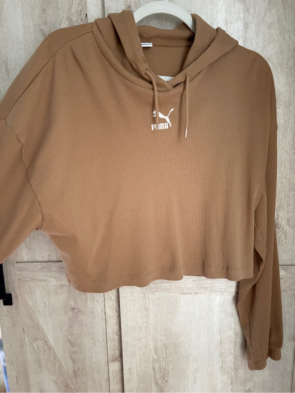 Puma Women's Ribbed Cropped Hoodie in Camel